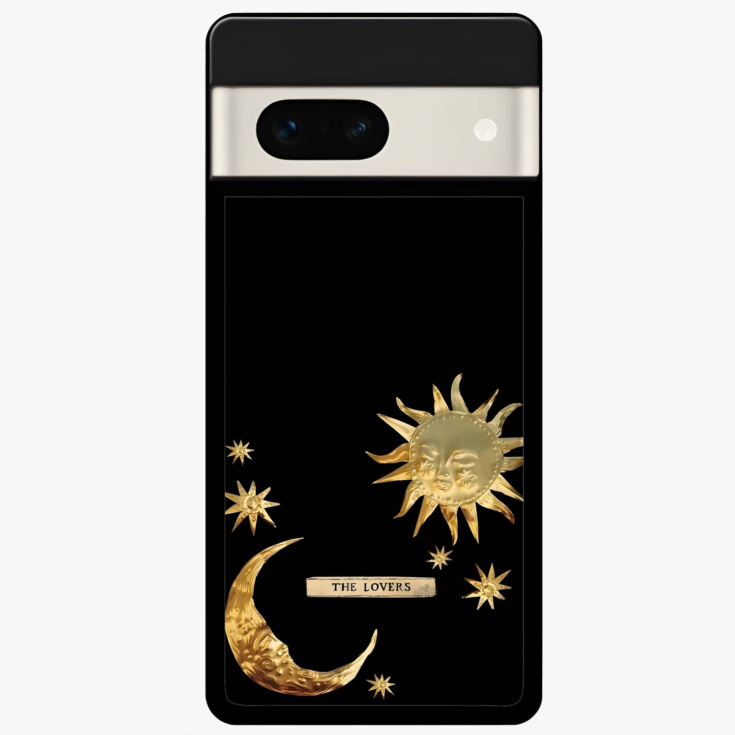 Golden Celestial Charm Glass Case showing flat back view with golden celestial charm artwork and glossy glass finish.