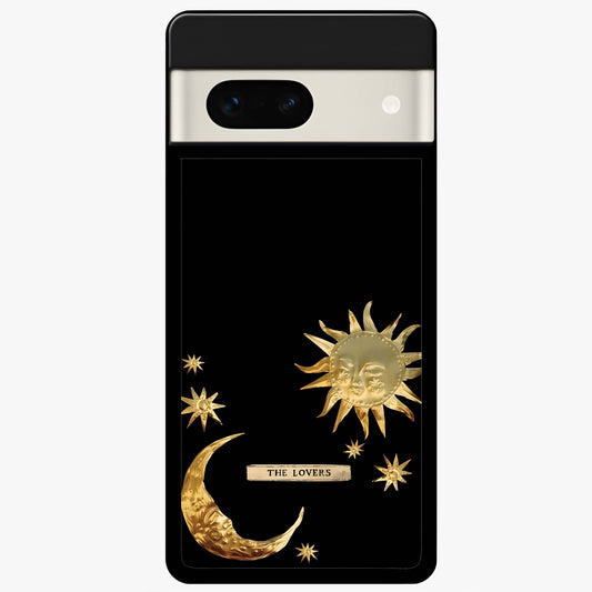 Golden Celestial Charm Glass Case showing flat back view with golden celestial charm artwork and glossy glass finish.