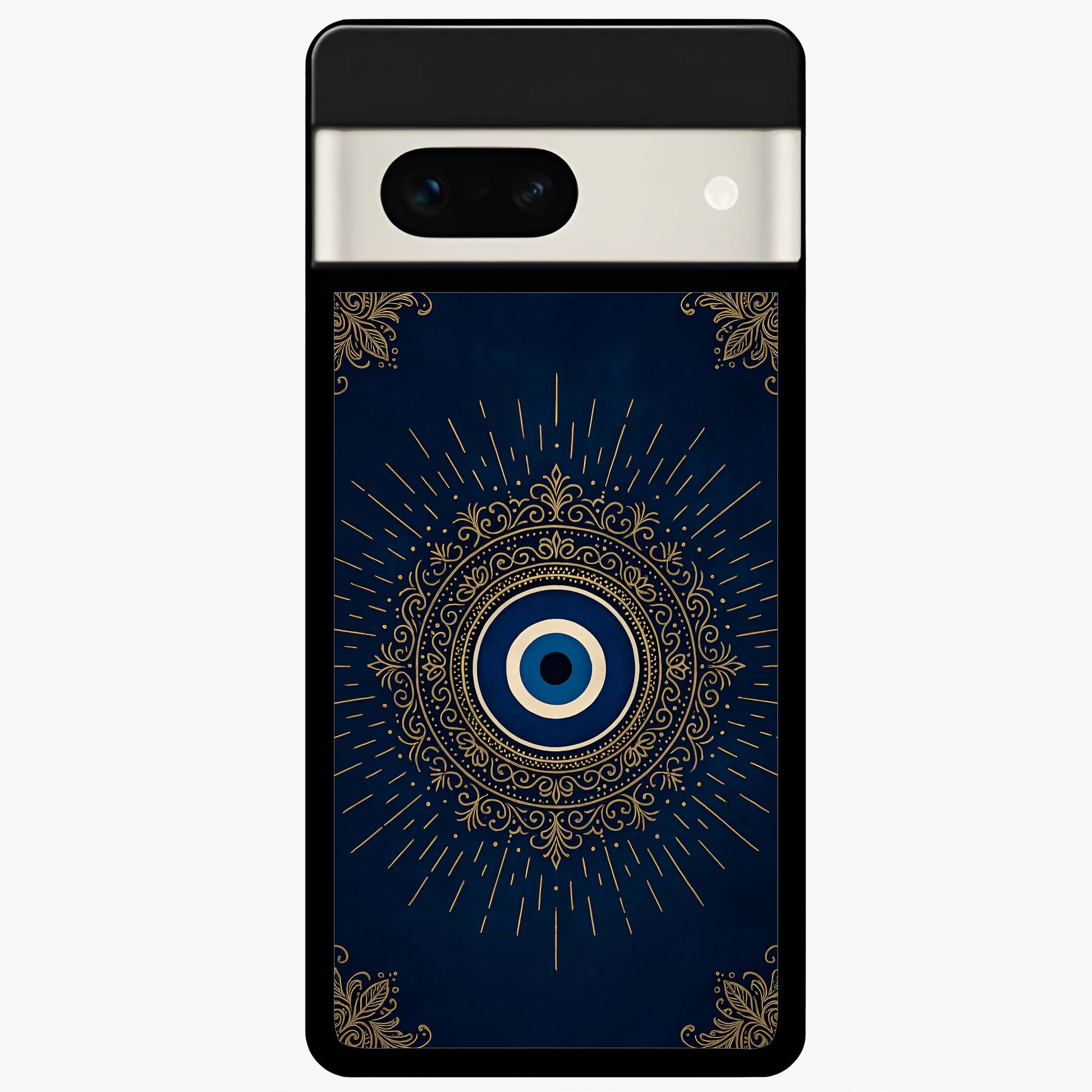 Golden Evil Eye Mandala Glass Case showing flat back view with intricate evil eye mandala artwork and glossy glass finish.