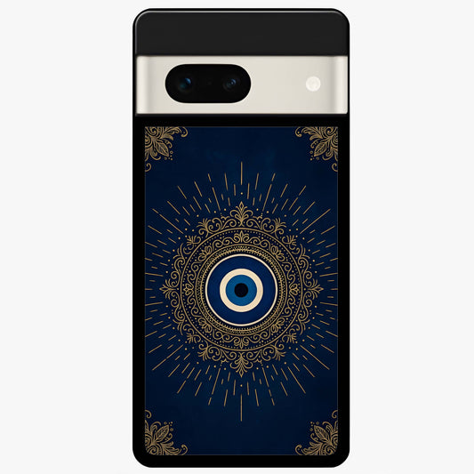 Golden Evil Eye Mandala Glass Case showing flat back view with intricate evil eye mandala artwork and glossy glass finish.
