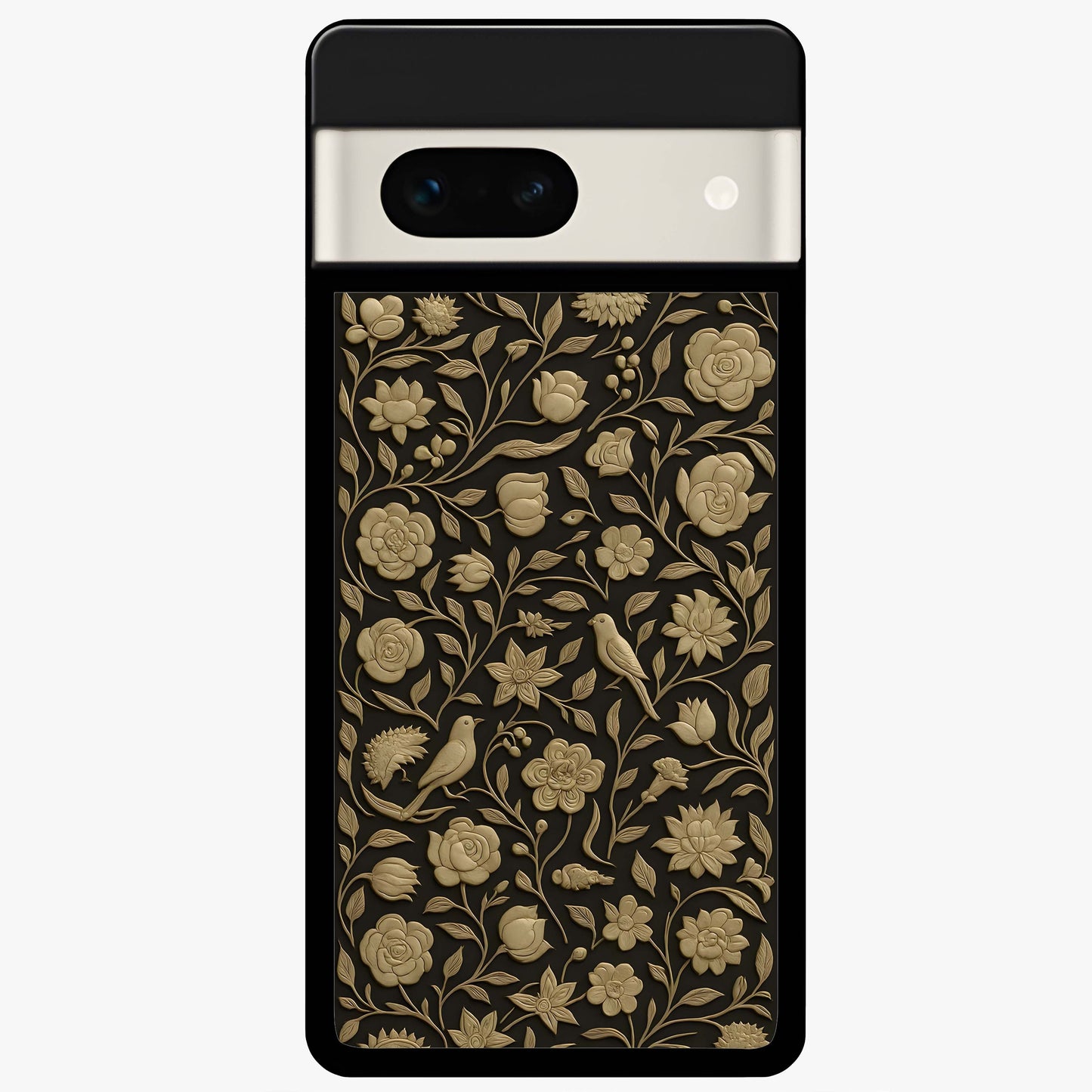 Golden Floral Majesty Glass Case showing flat back view with luxurious golden floral artwork and glossy glass finish.