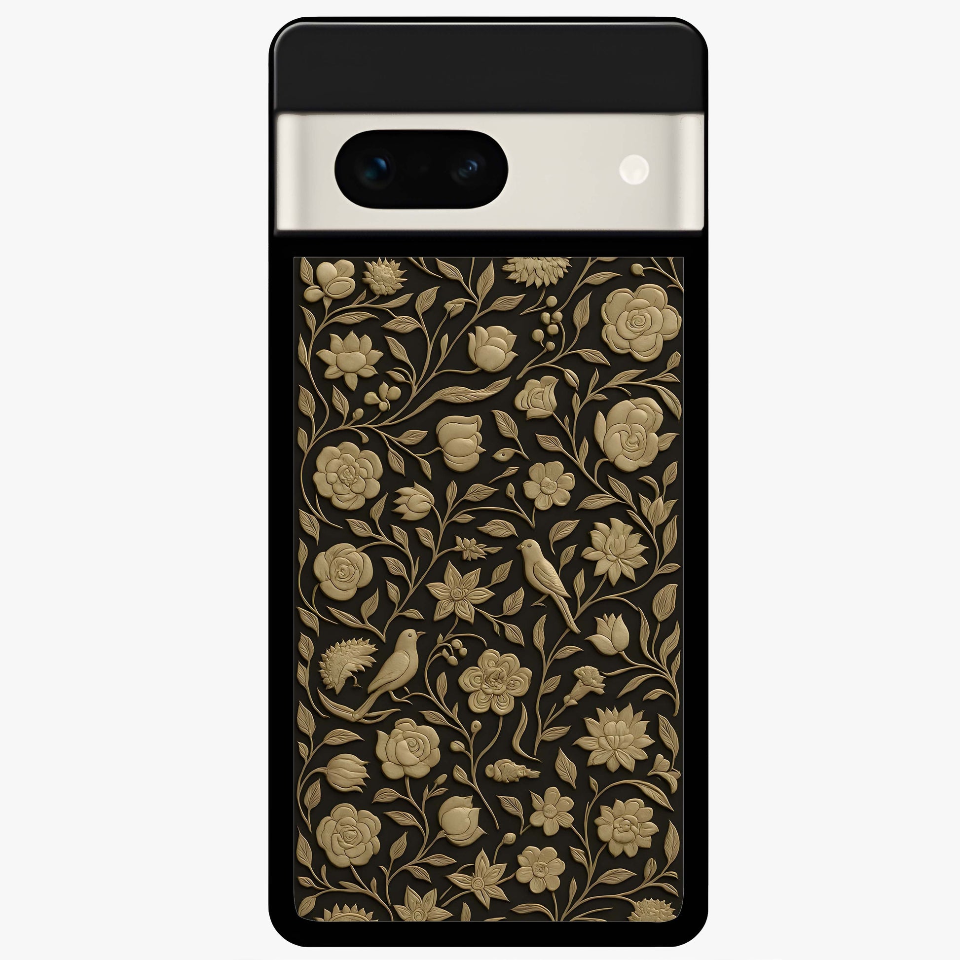 Golden Floral Majesty Glass Case showing flat back view with luxurious golden floral artwork and glossy glass finish.