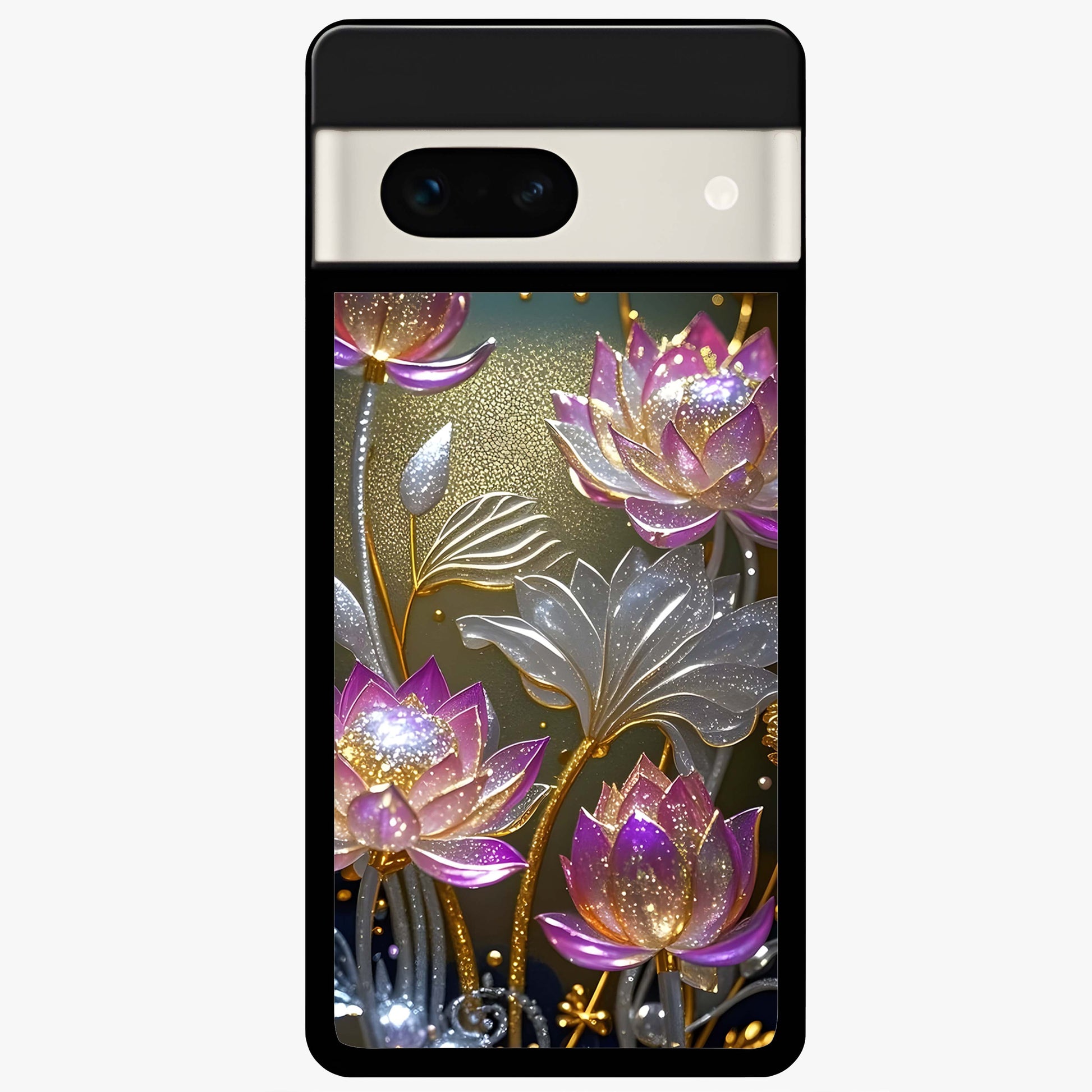 Golden Lotus Glow Glass Case showing flat back view with glowing lotus flower artwork and glossy glass finish.