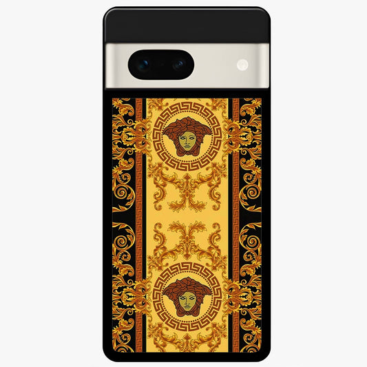 Golden Royal Heritage Glass Case showing flat back view with ornate royal pattern artwork and glossy glass finish.