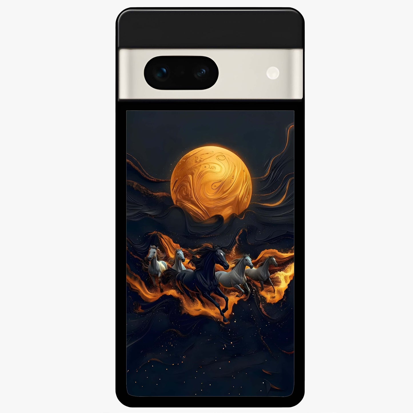 Golden Stallion Moonride Glass Case showing flat back view with majestic horse under moonlight artwork and glossy glass finish.