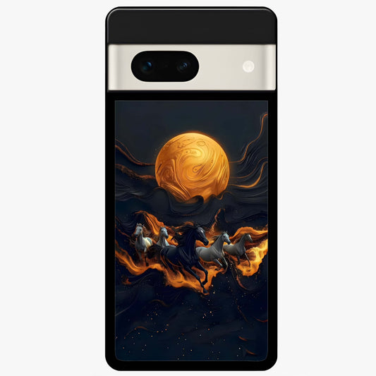 Golden Stallion Moonride Glass Case showing flat back view with majestic horse under moonlight artwork and glossy glass finish.