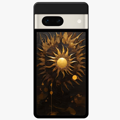 Golden Sun Majesty Glass Case showing flat back view with radiant golden sun artwork and glossy glass finish.