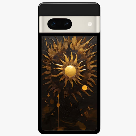 Golden Sun Majesty Glass Case showing flat back view with radiant golden sun artwork and glossy glass finish.