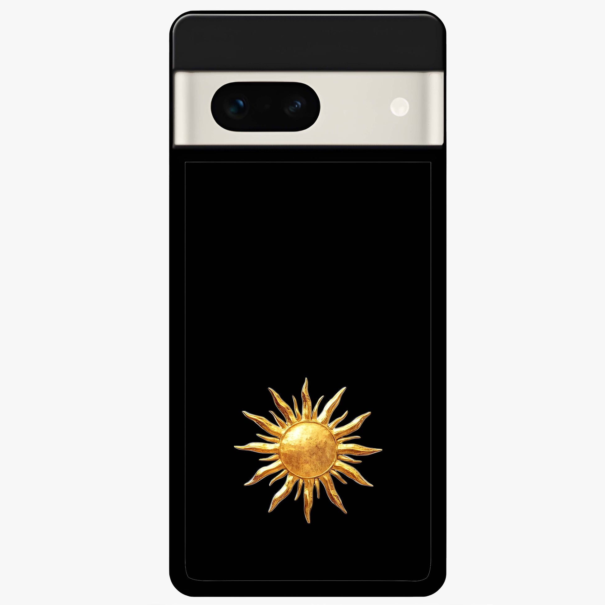 Golden Sun Minimalism Glass Case showing flat back view with minimal golden sun artwork and glossy glass finish.