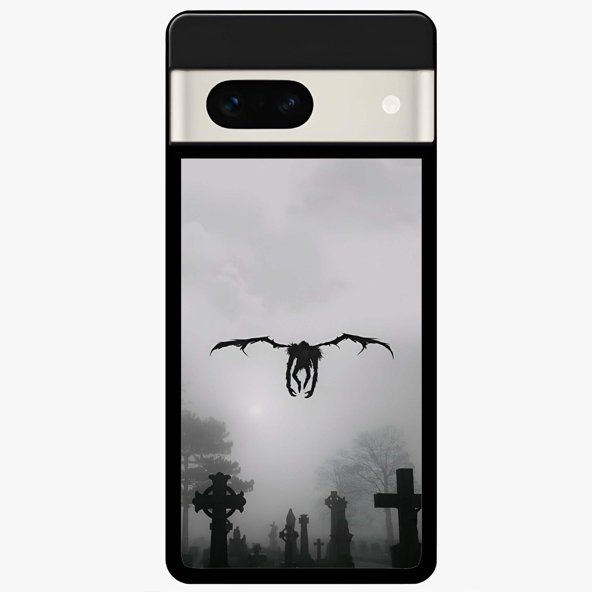 Graveyard Shadow Descent Glass Case showing flat back view with dark graveyard themed artwork and glossy glass finish.