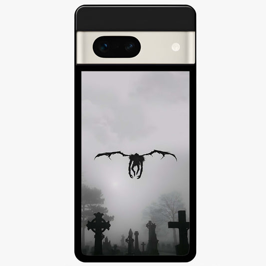 Graveyard Shadow Descent Glass Case showing flat back view with dark graveyard themed artwork and glossy glass finish.