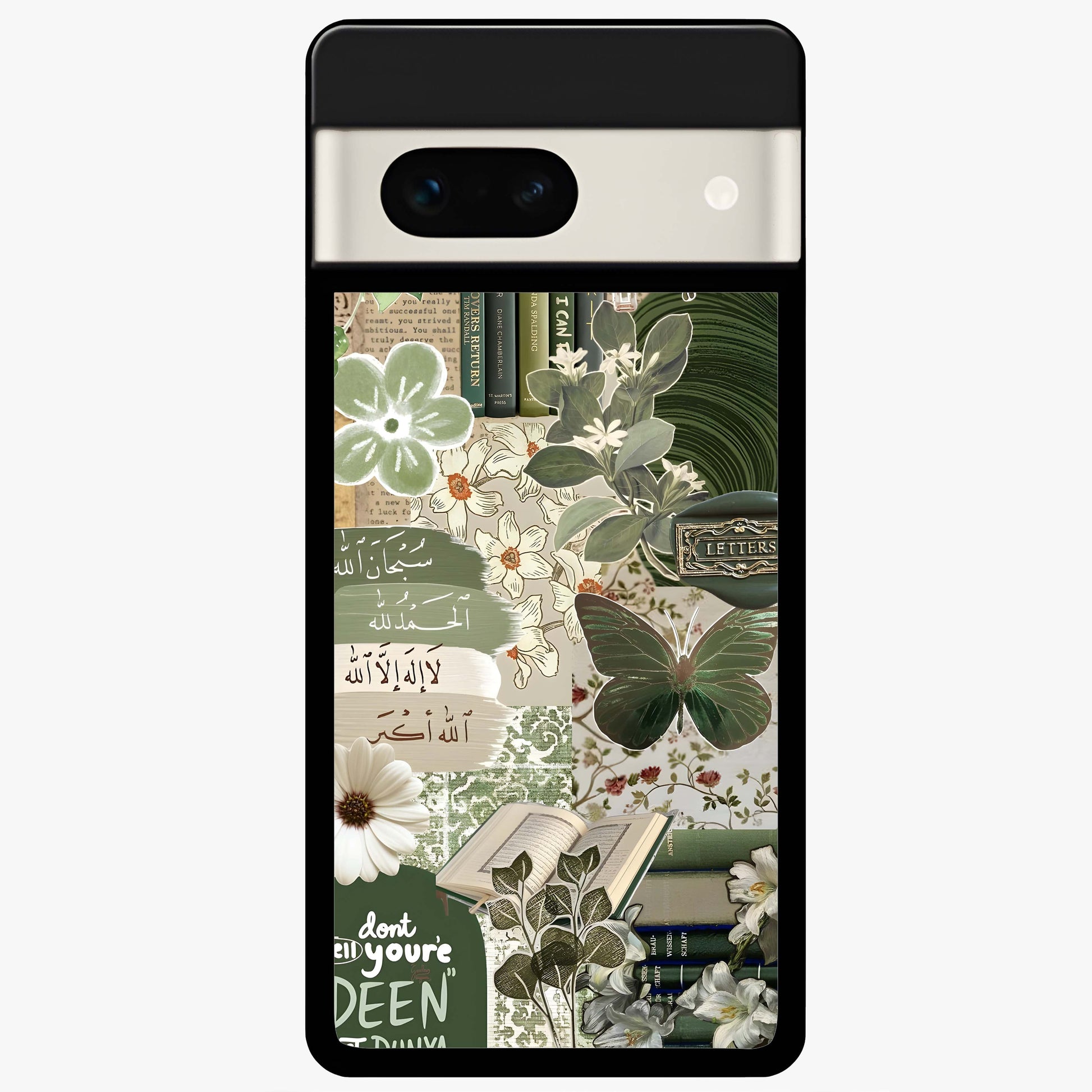 Green Islamic Books Quotes Glass Case showing flat back view with Islamic quotes and book themed artwork and glossy glass finish.