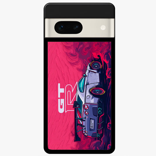 GT-R Car Pattern Glass Case showing flat back view with sporty car inspired pattern artwork and glossy glass finish.