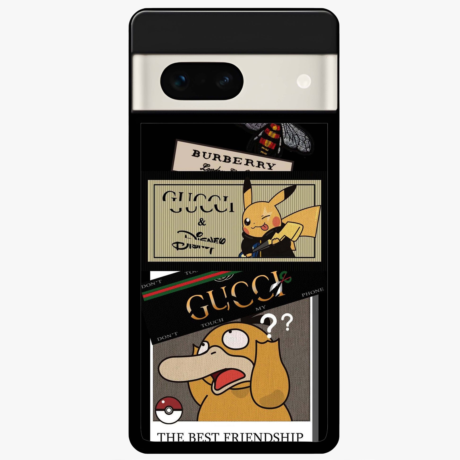 Gucci Play Mashup Glass Case showing flat back view with luxury inspired graphic artwork and glossy glass finish.