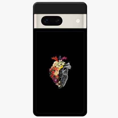 Heart With Flowers Glass Case showing flat back view with heart shaped floral artwork and glossy glass finish.