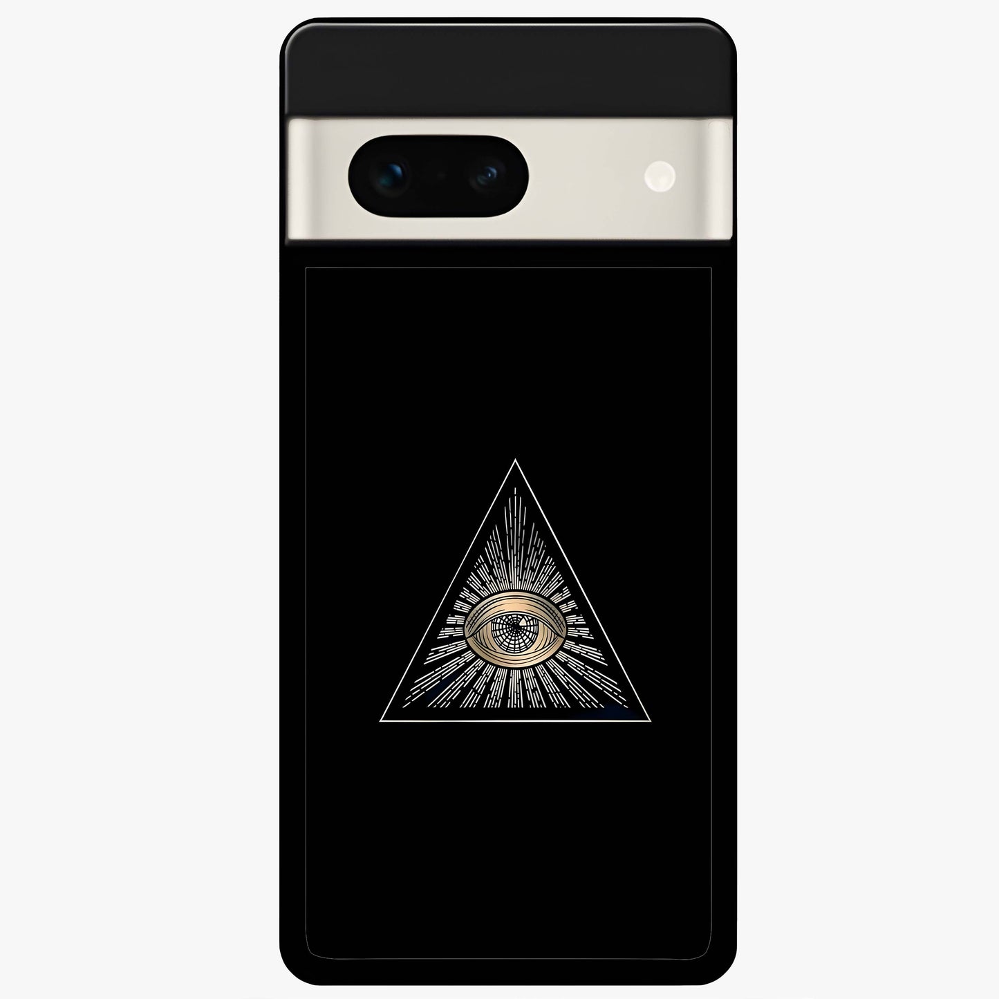 Illuminati Evil Glass Case showing flat back view with mysterious illuminati symbol artwork and glossy glass finish.