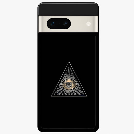 Illuminati Evil Glass Case showing flat back view with mysterious illuminati symbol artwork and glossy glass finish.