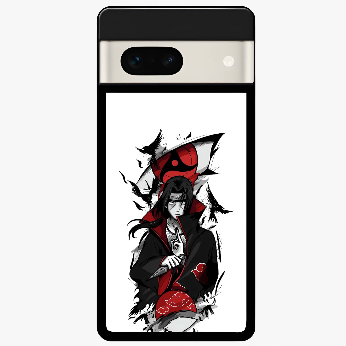 Itachi Sharingan Glass Case showing flat back view with powerful anime eye artwork and glossy glass finish.