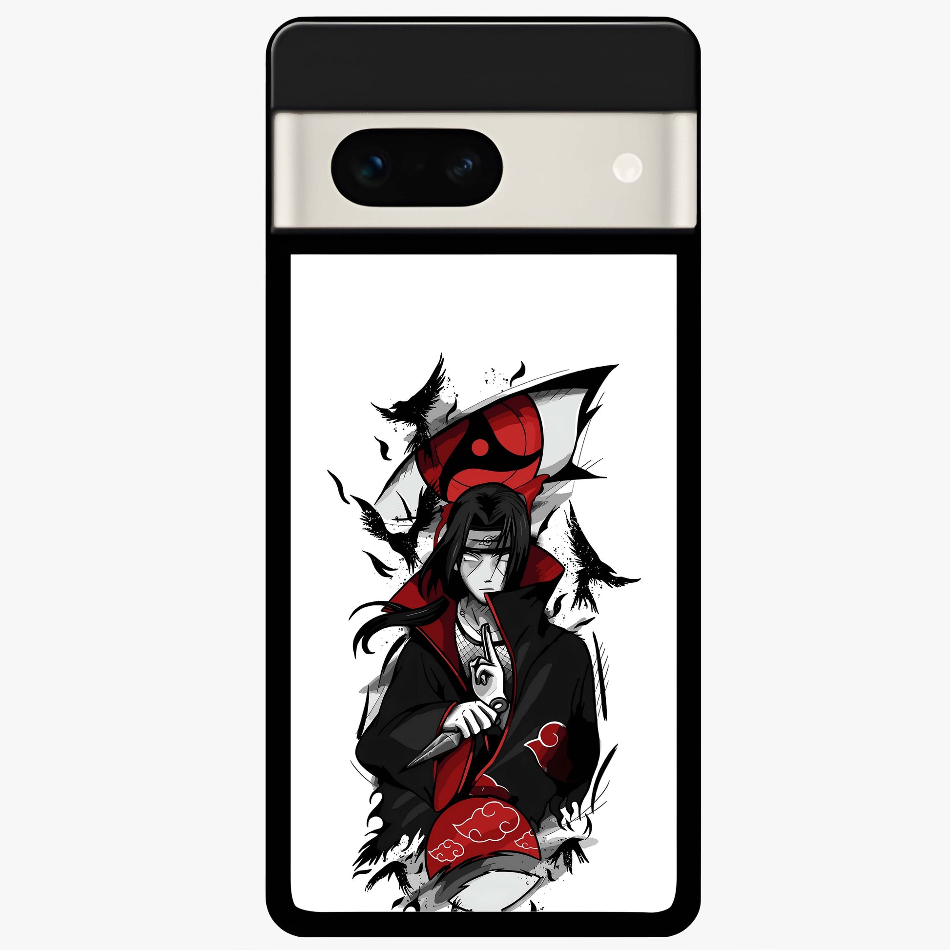 Itachi Sharingan Glass Case showing flat back view with powerful anime eye artwork and glossy glass finish.