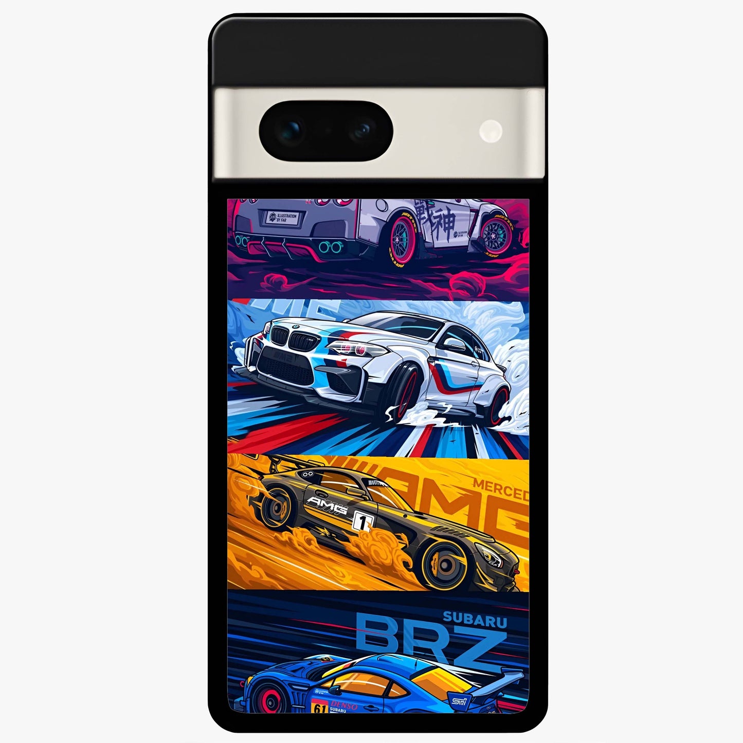 JDM Sports Car Glass Case showing flat back view with high performance sports car artwork and glossy glass finish.