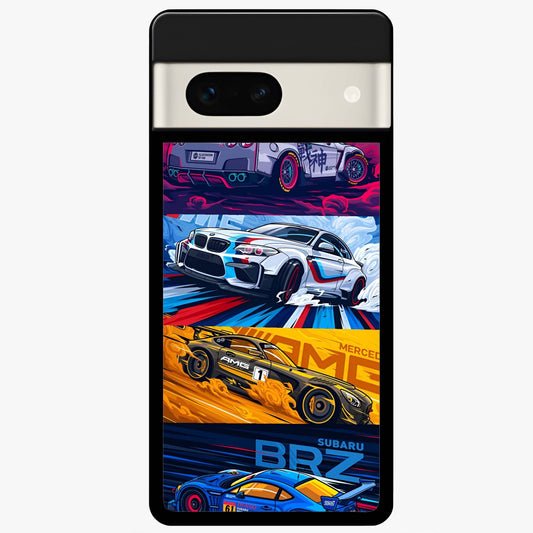 JDM Sports Car Glass Case showing flat back view with high performance sports car artwork and glossy glass finish.