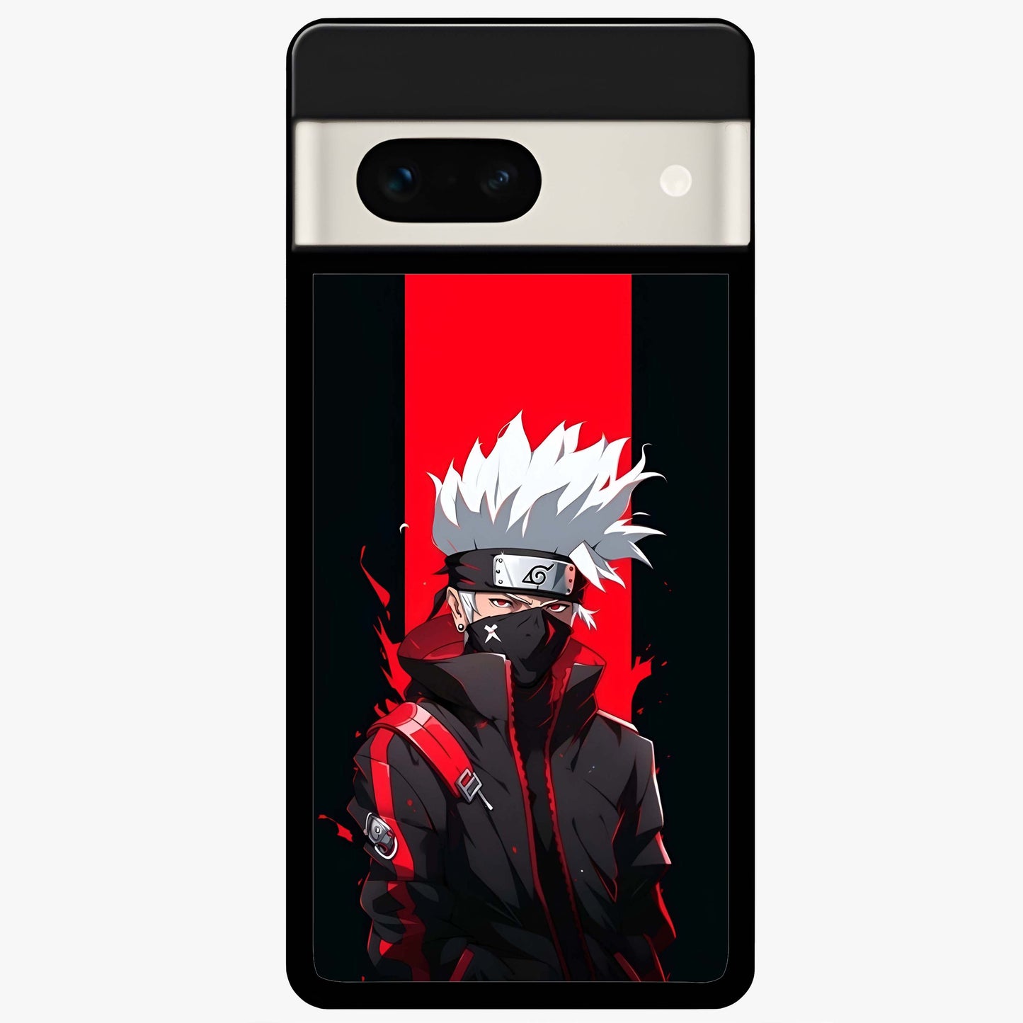 Kakashi Scarlet Shadow Glass Case showing flat back view with powerful anime ninja artwork and glossy glass finish.