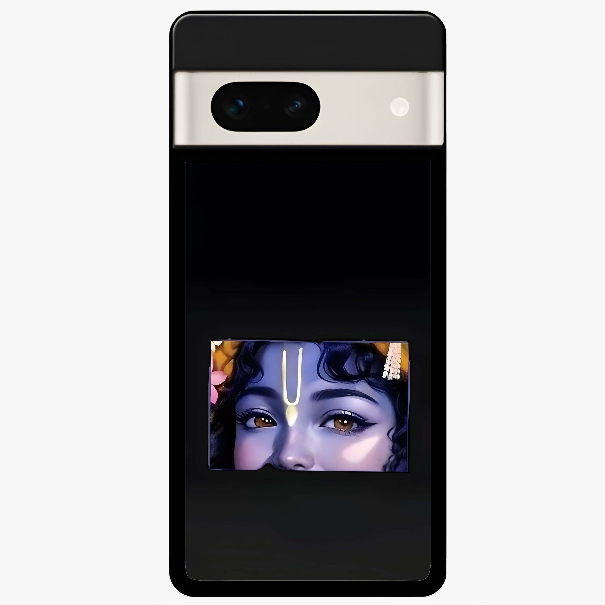 Krishna Divine Embrace Glass Case showing flat back view with Lord Krishna devotional artwork and glossy glass finish.