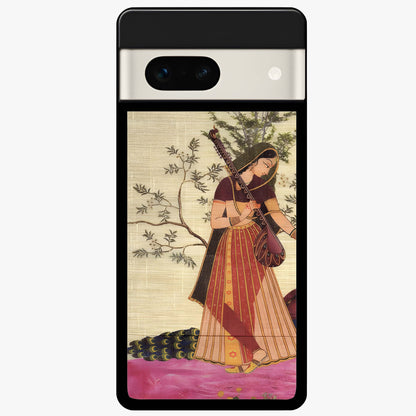 Lady With Veena Art Glass Case showing flat back view with elegant woman playing veena artwork and glossy glass finish.