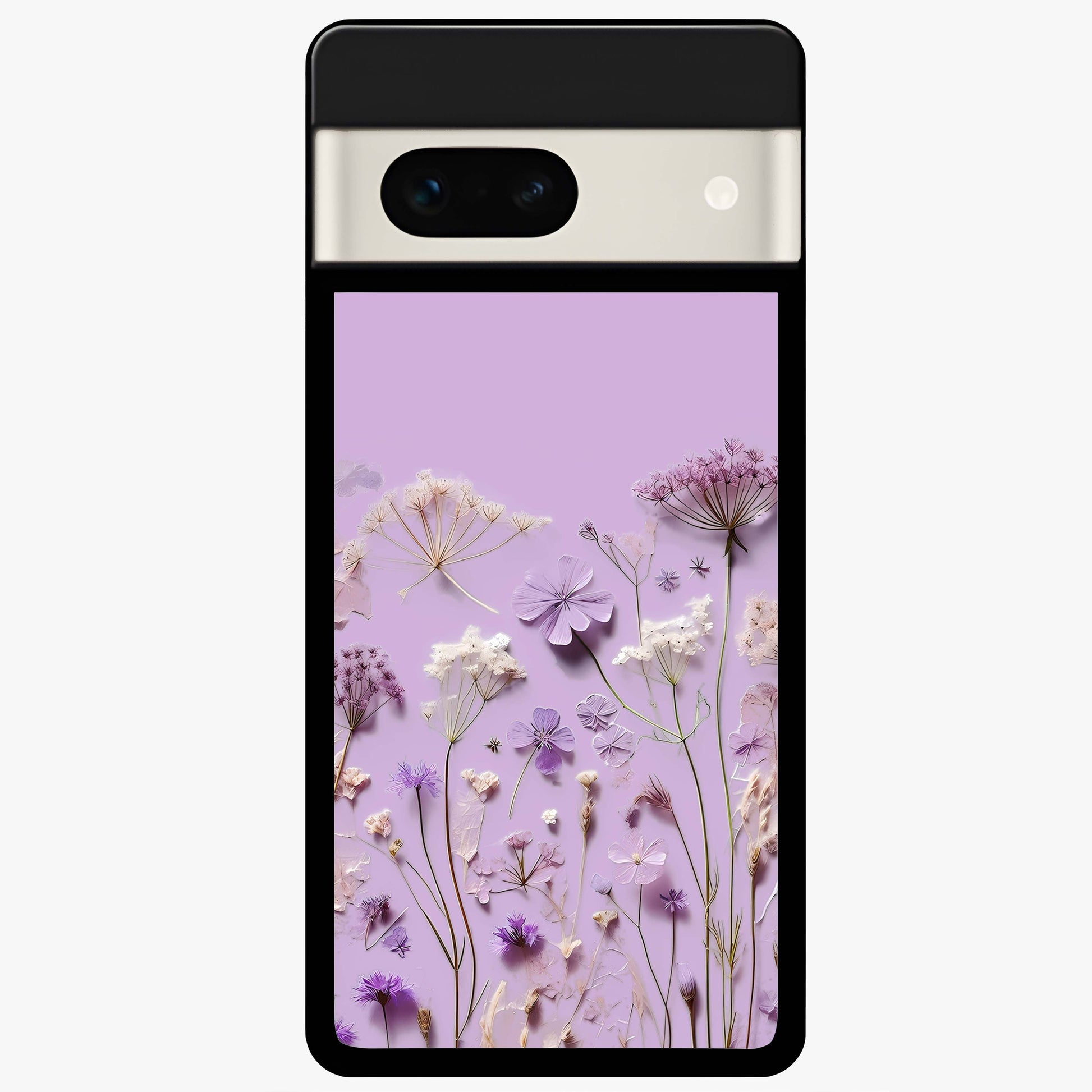 Lavender Blossom Dream Glass Case showing flat back view with soft lavender floral artwork and glossy glass finish.