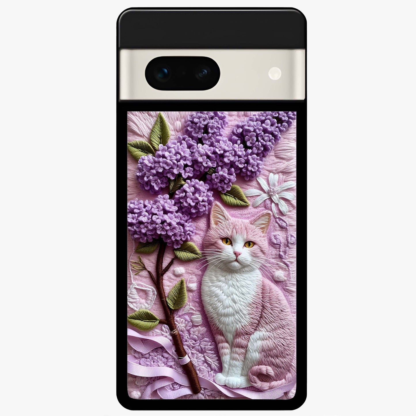 Lavender Cat Whimsy Glass Case showing flat back view with cute lavender cat artwork and glossy glass finish.