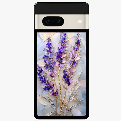 Lavender Dream Glow Glass Case showing flat back view with glowing lavender aesthetic artwork and glossy glass finish.