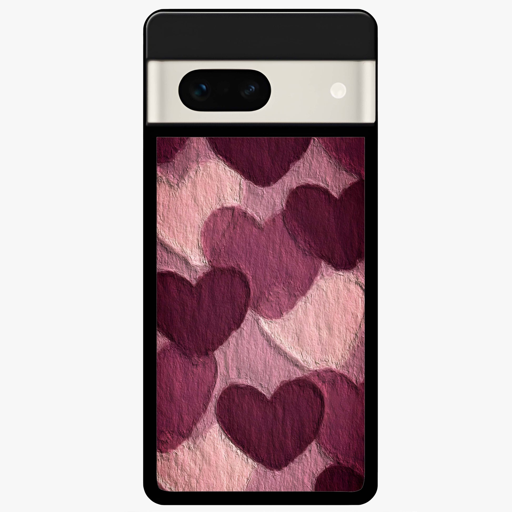 Layered Paper Hearts Glass Case showing flat back view with layered paper heart artwork and glossy glass finish.