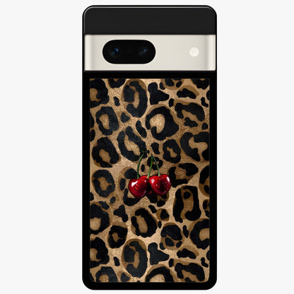 Leopard Wild Cherry Glass Case showing flat back view with leopard pattern and cherry artwork and glossy glass finish.