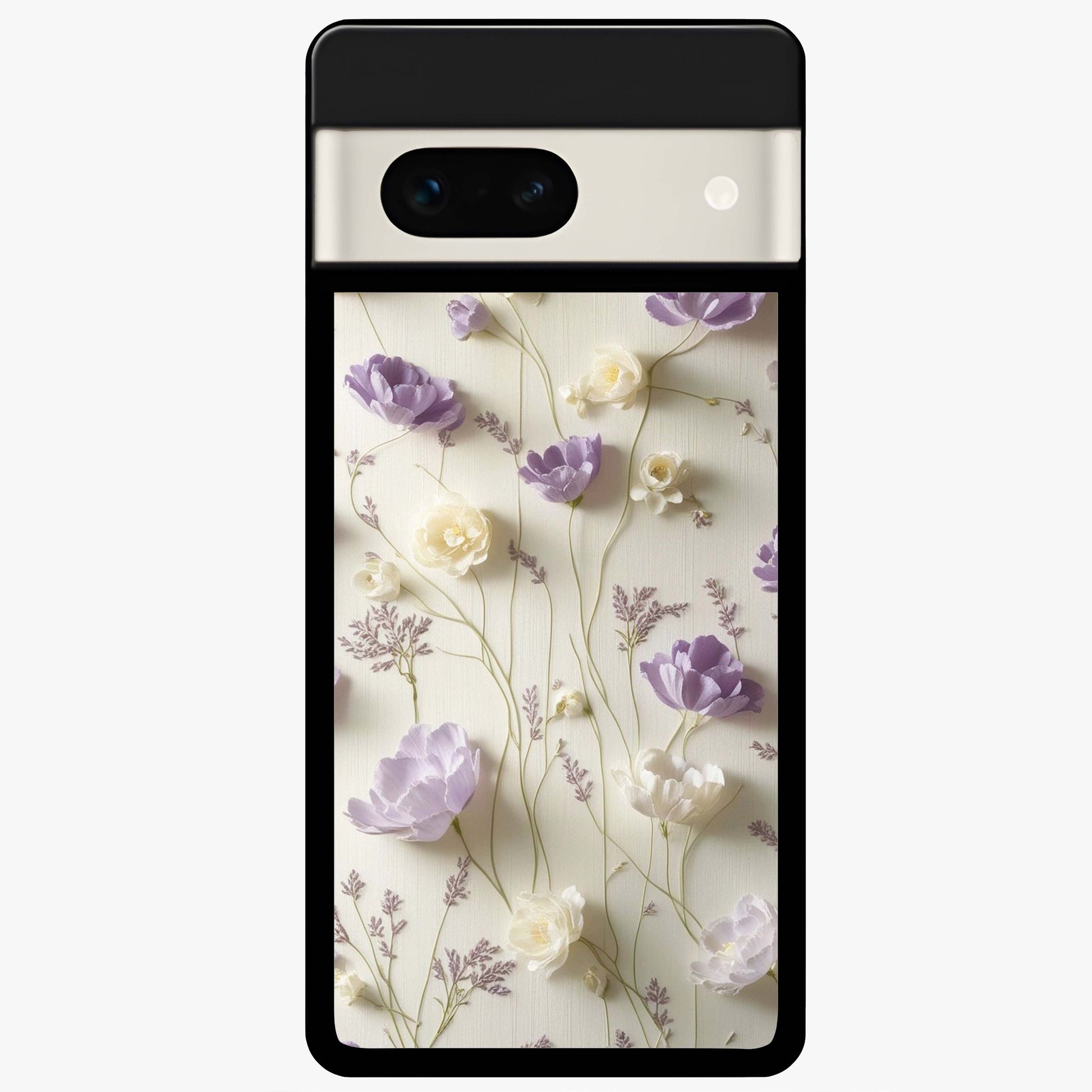 Lilac Breeze Harmony Glass Case showing flat back view with soft lilac themed artwork and glossy glass finish.