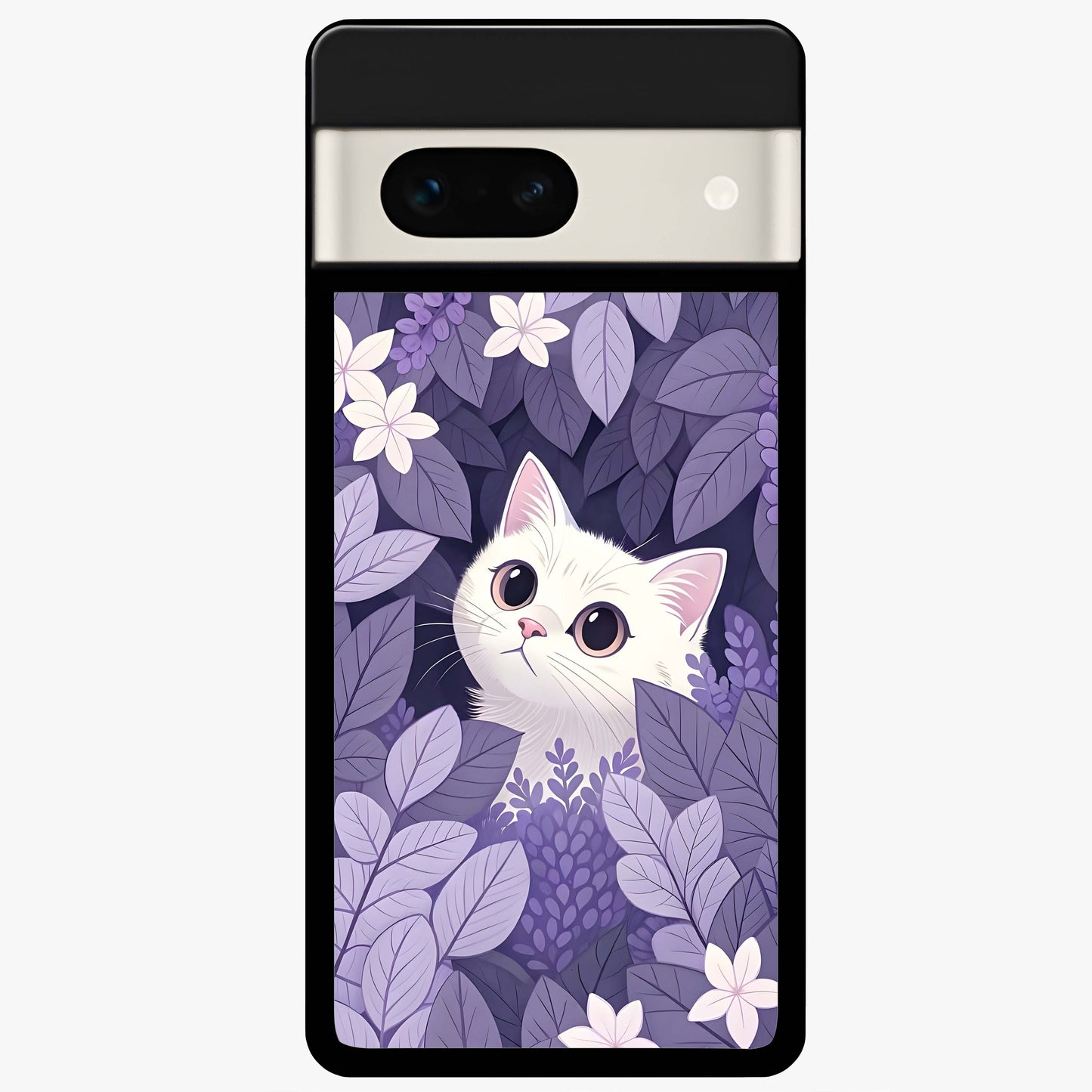 Lilac Hide Peek Cat Glass Case showing flat back view with cute peeking cat artwork and glossy glass finish.