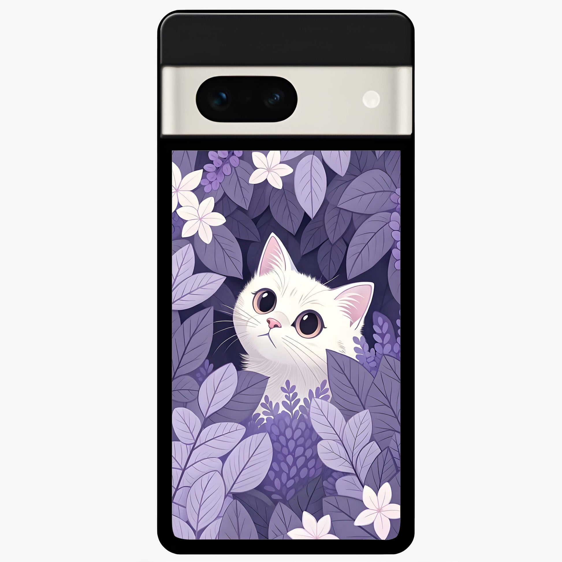 Lilac Hide Peek Cat Glass Case showing flat back view with cute peeking cat artwork and glossy glass finish.