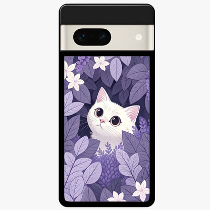 Lilac Hide Peek Cat Glass Case showing flat back view with cute peeking cat artwork and glossy glass finish.
