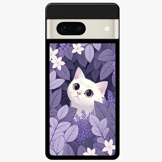 Lilac Hide Peek Cat Glass Case showing flat back view with cute peeking cat artwork and glossy glass finish.