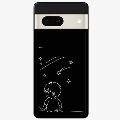 Line Art Boy With Shooting Stars Glass Case showing flat back view with minimal line art boy and shooting stars illustration and glossy glass finish.