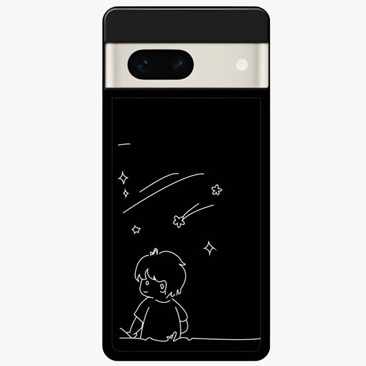 Line Art Boy With Shooting Stars Glass Case showing flat back view with minimal line art boy and shooting stars illustration and glossy glass finish.