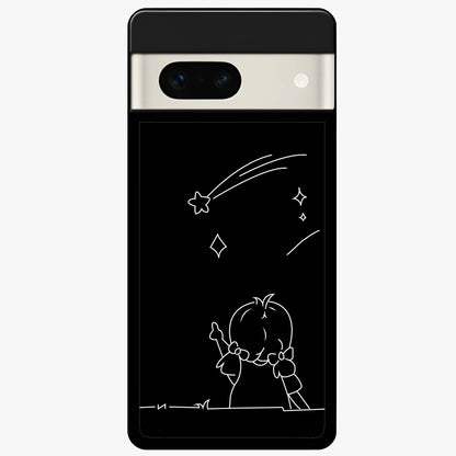 Line Art Girl With Shooting Stars Glass Case showing flat back view with minimal line art girl and shooting stars illustration and glossy glass finish.
