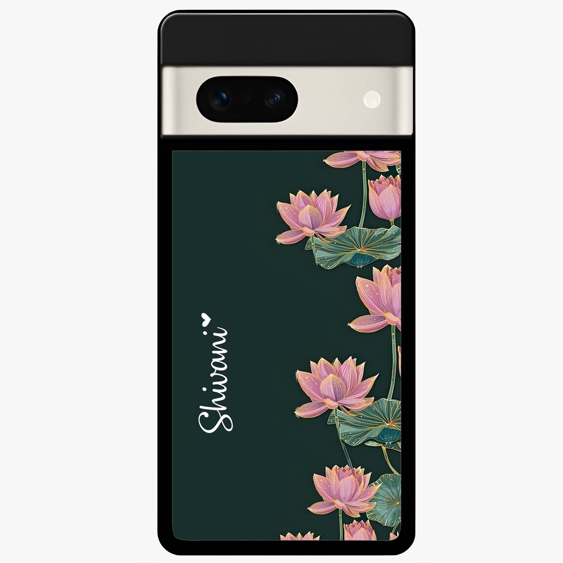 Lotus Bloom Serenity Custom Name Glass Case showing flat back view with elegant lotus flower artwork and personalized name design.