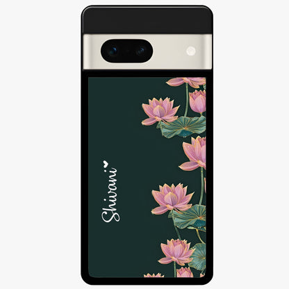 Lotus Bloom Serenity Custom Name Glass Case showing flat back view with elegant lotus flower artwork and personalized name design.