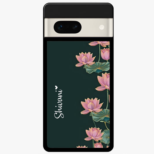 Lotus Bloom Serenity Custom Name Glass Case showing flat back view with elegant lotus flower artwork and personalized name design.
