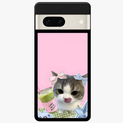 Love Matcha Cat Glass Case showing flat back view with cute cat and matcha themed artwork and glossy glass finish.