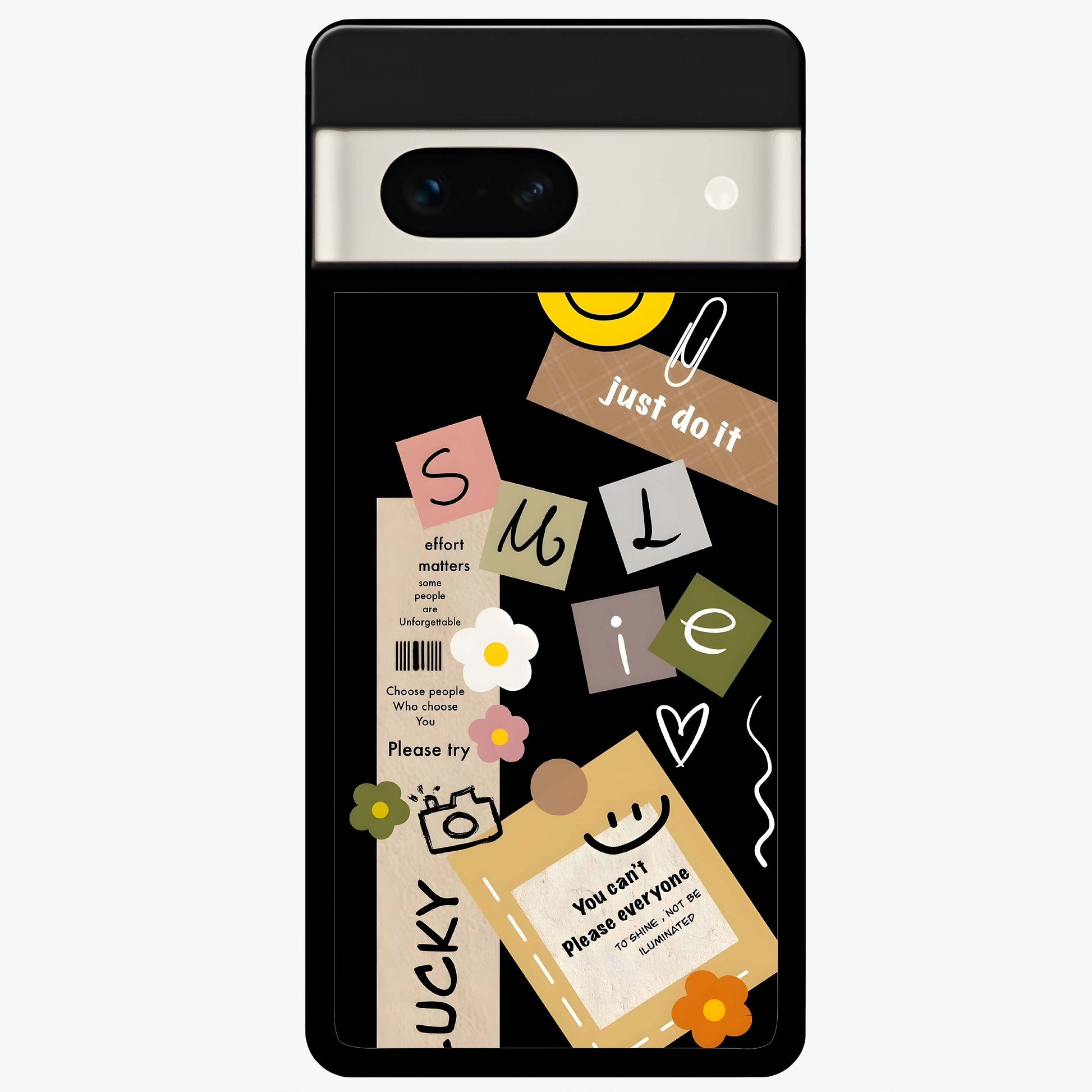 Lucky Aesthetic Collage Glass Case showing flat back view with trendy aesthetic collage artwork and glossy glass finish.