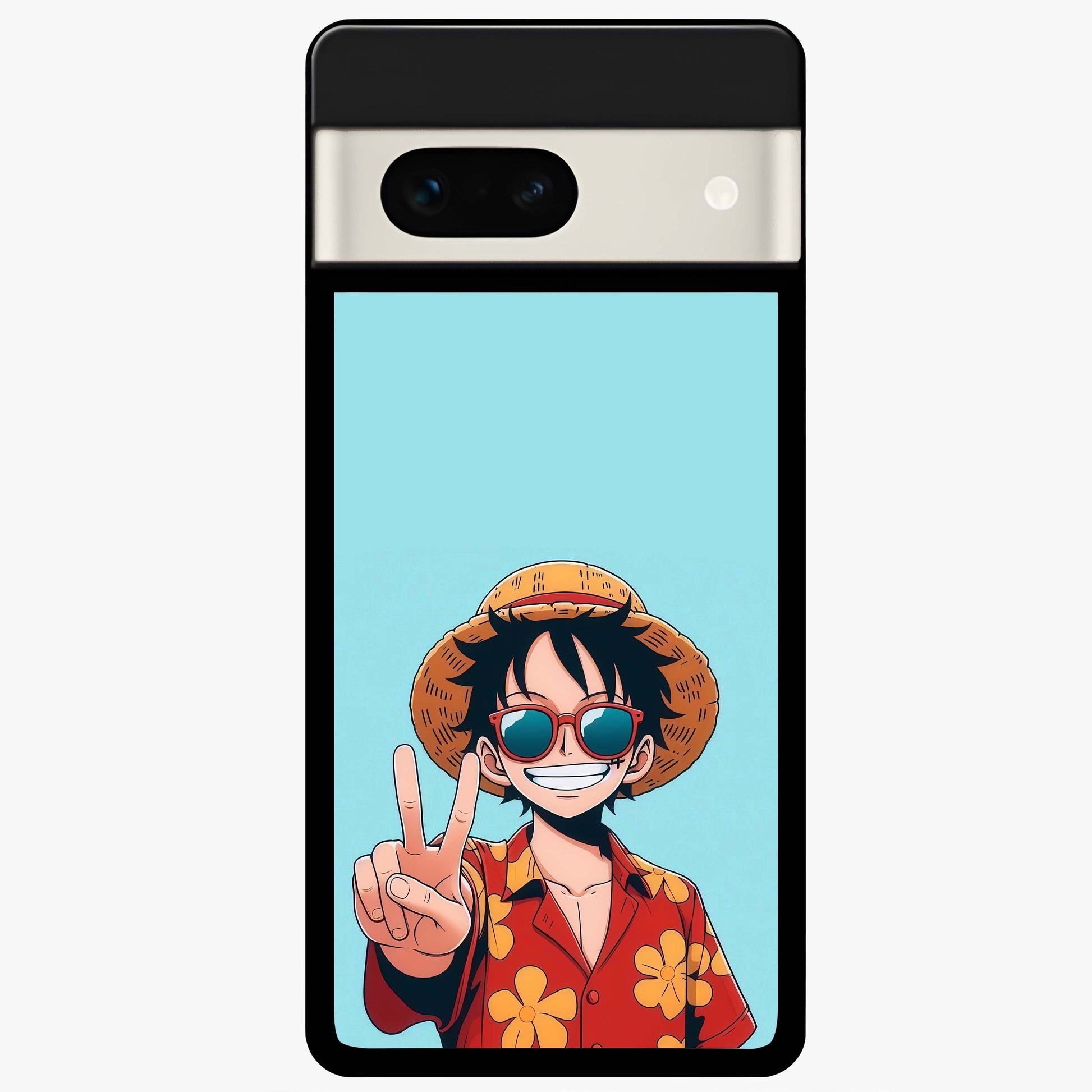 Luffy Summer Anime Vibe Glass Case showing flat back view with vibrant anime character artwork and glossy glass finish.