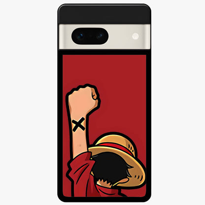 Luffy X Spirit Glass Case showing flat back view with bold anime character artwork and glossy glass finish.
