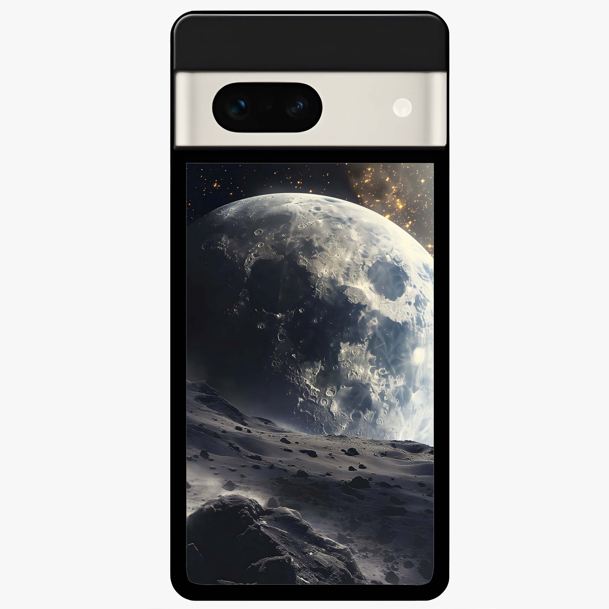 Lunar Horizon Glow Glass Case showing flat back view with glowing moon horizon artwork and glossy glass finish.