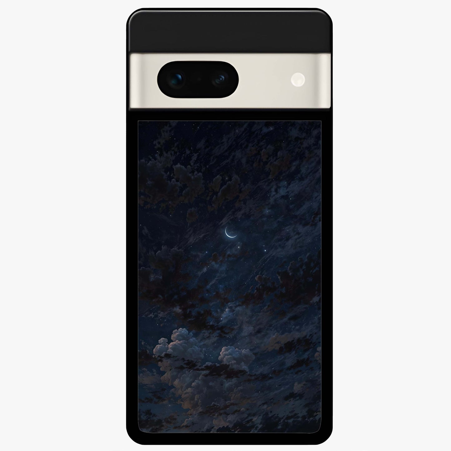 Lunar Veil Silence Glass Case showing flat back view with mystical moon veil artwork and glossy glass finish.